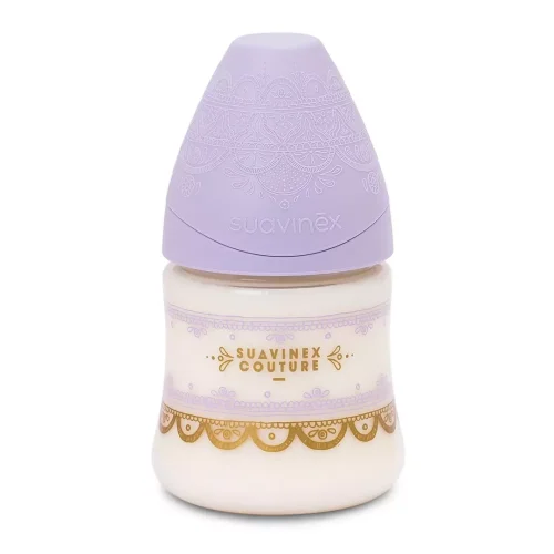 Mamadera Premium Couture Lila de 150ml con Tetina Redonda de Silicona Flujo Lento +0 meses Suavinex.