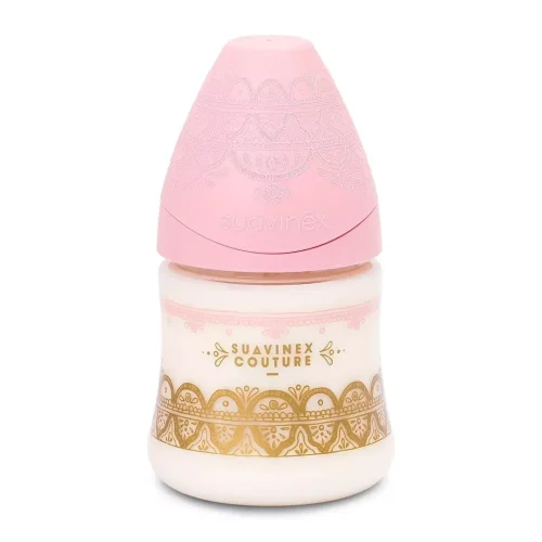 Mamadera Premium Couture Rosa de 150ml con Tetina Redonda de Silicona Flujo Lento +0 meses Suavinex.