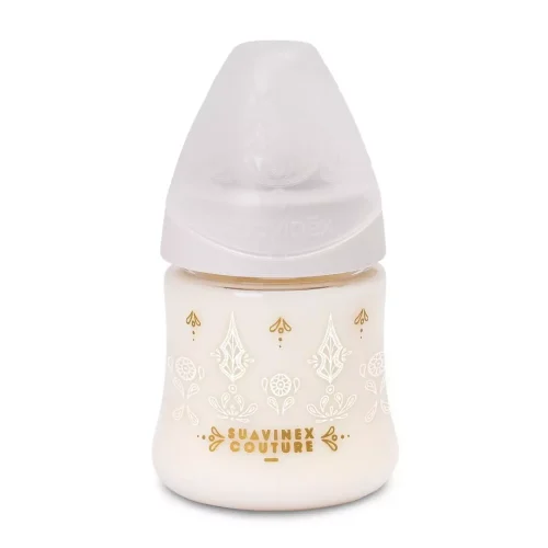 Mamadera Premium Couture Blanco de 150ml con Tetina Redonda de Silicona Flujo Lento +0 meses Suavinex.