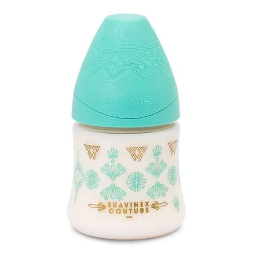 Mamadera Premium Couture Verde de 150ml con Tetina Redonda de Silicona Flujo Lento +0 meses Suavinex.